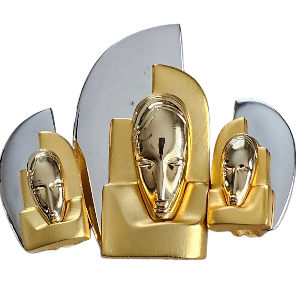 Vintage Art Deco 89 Abstract Silver & Gold 3pc Brooch & Earrings Set